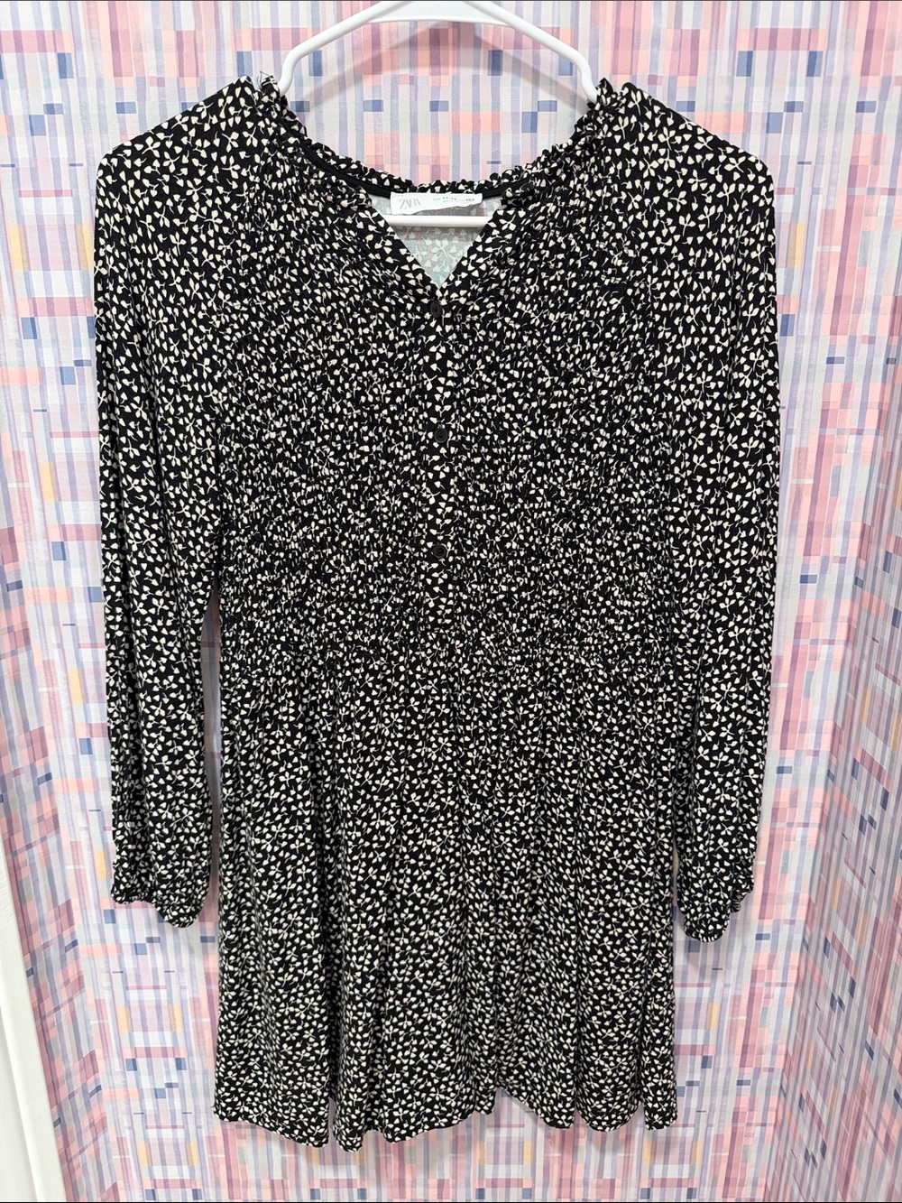 Zara Girls Black & White Floral Print Long-Sleeve Dress